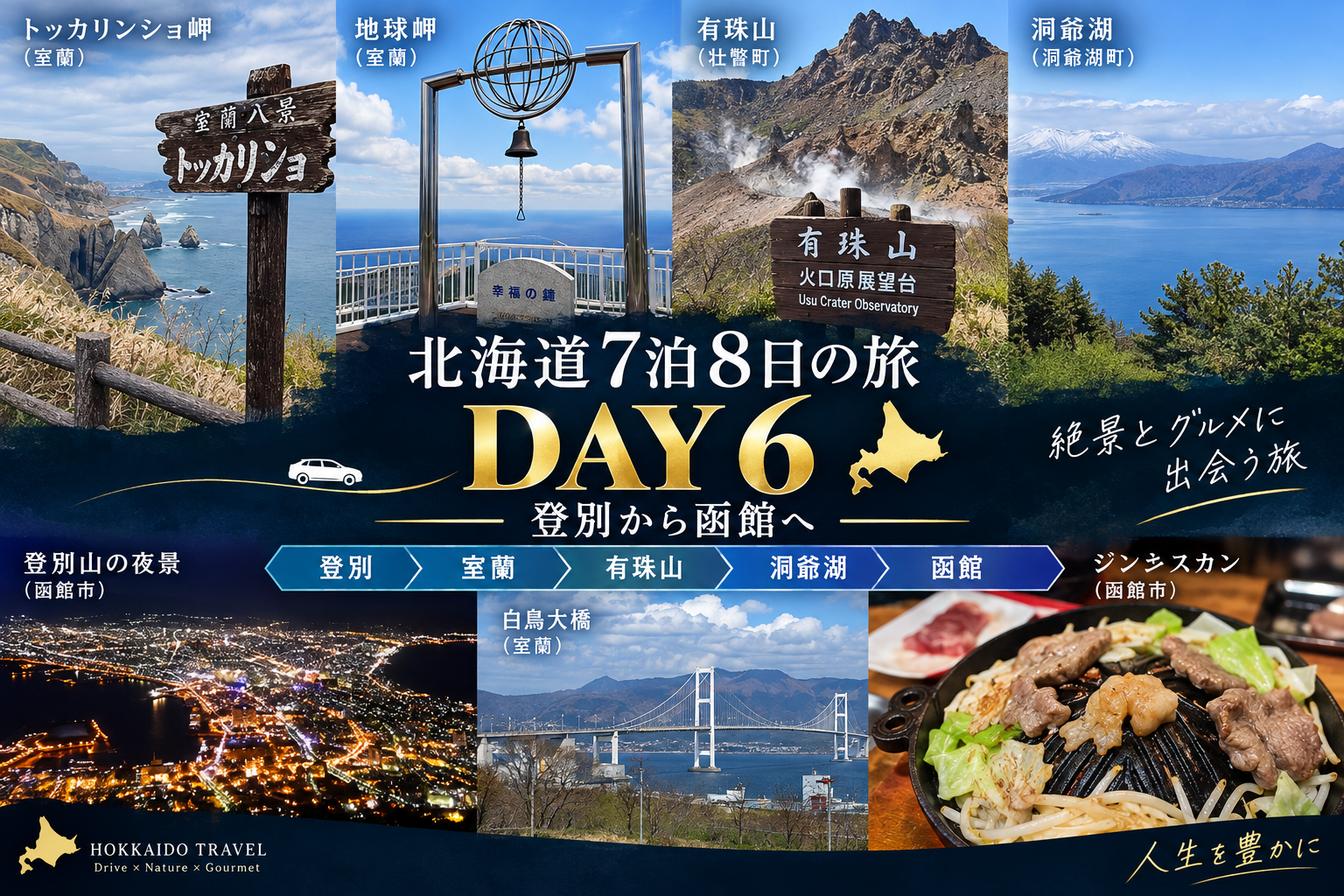 「北海道7泊8日の旅」 「DAY 6　登別 → 函館」 「地球岬・有珠山・洞爺湖・函館夜景」 「2022年GW 道南・道央の旅」
