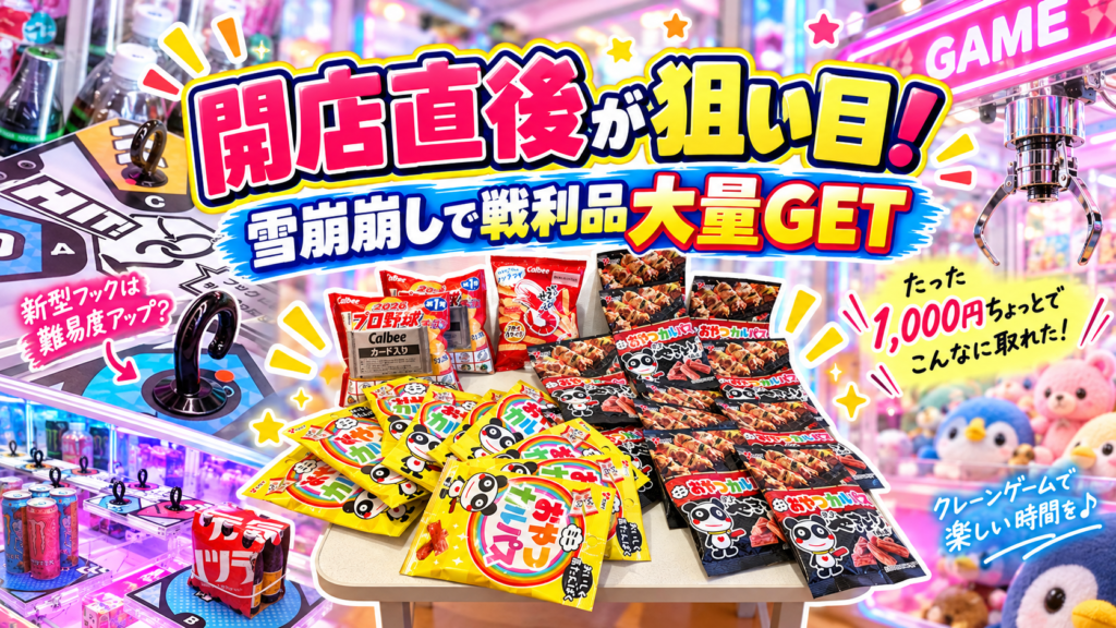 クレーンゲームでお菓子大量GET！開店直後に雪崩崩しを狙ってみた