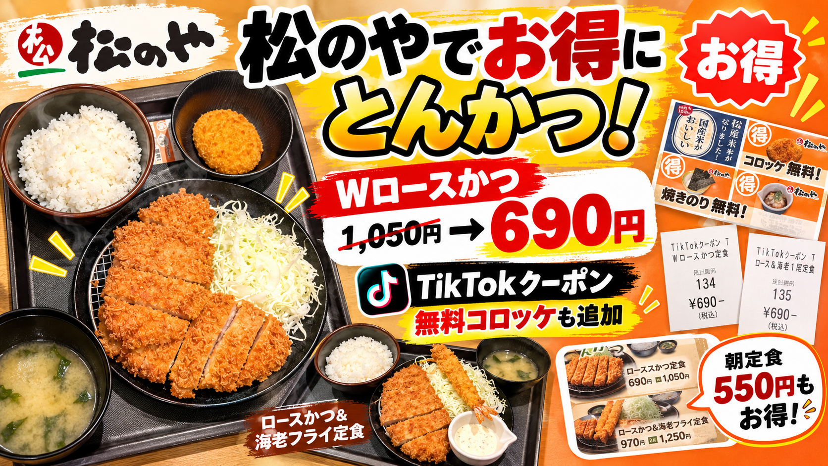松のやでお得にとんかつ！ Wロースかつ 1,050円 → 690円 TikTokクーポン＋無料コロッケ
