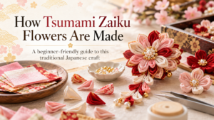 Traditional Japanese tsumami zaiku flowers and folded fabric petals