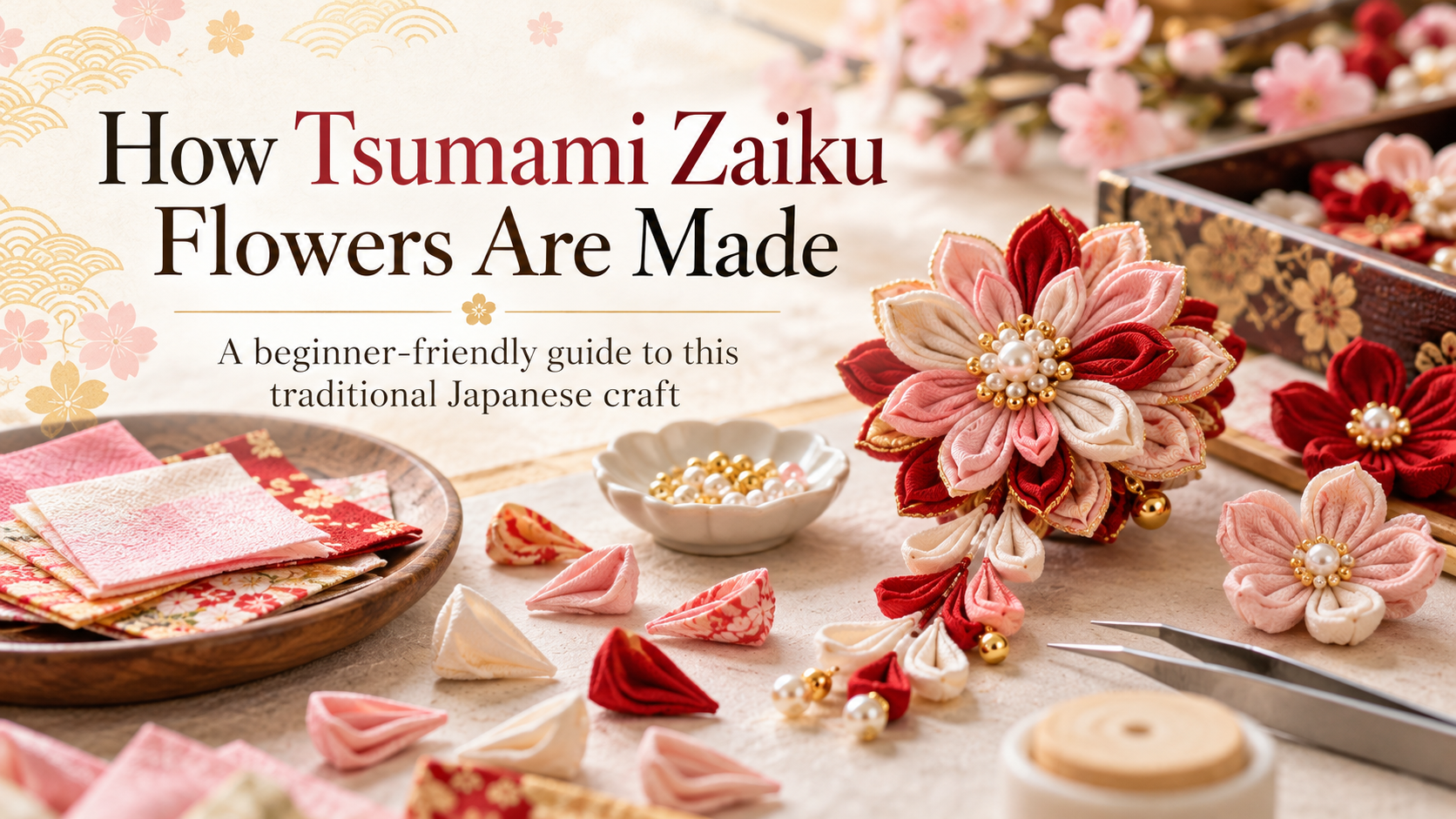 Traditional Japanese tsumami zaiku flowers and folded fabric petals