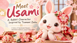 Usami, a rabbit character inspired by Japanese tsumami zaiku flowers