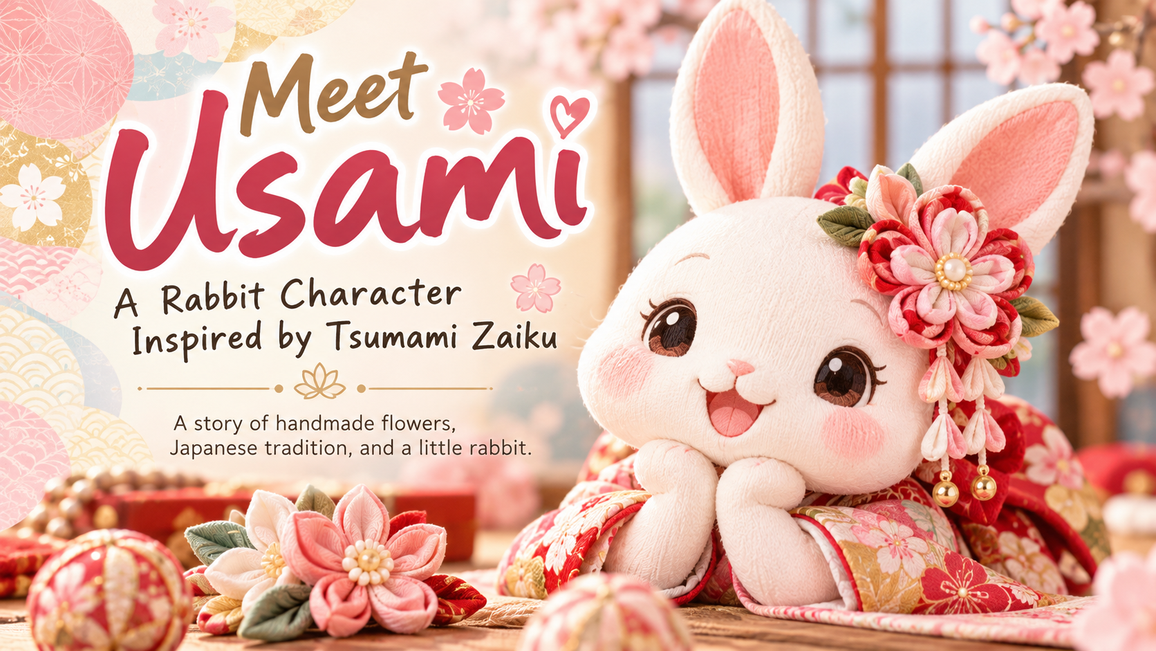 Usami, a rabbit character inspired by Japanese tsumami zaiku flowers