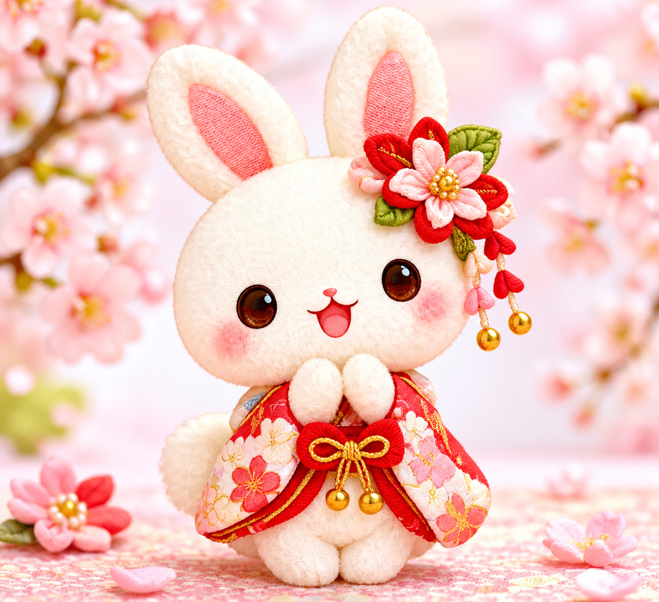 つまみ細工風の花飾りと和装のうさぎキャラクター「うさみ」