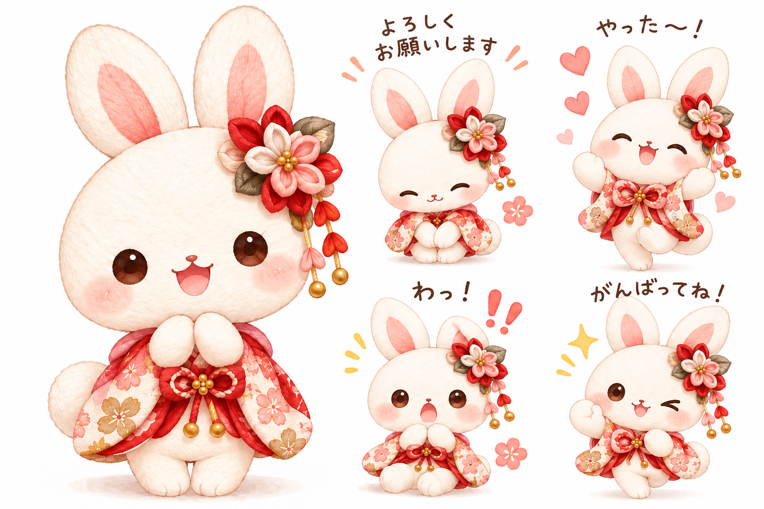 つまみ細工風の和装うさぎキャラクター「うさみ」の表情集