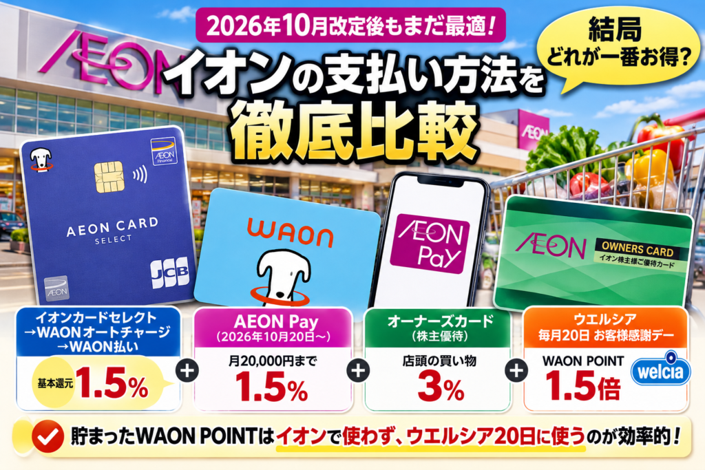 イオンのオーナーズカード、WAON、AEON Payを比較した記事のアイキャッチ画像