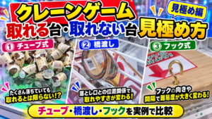 「クレーンゲーム 取れる台・取れない台の見極め方」 「チューブ・橋渡し・フックを実例で比較」