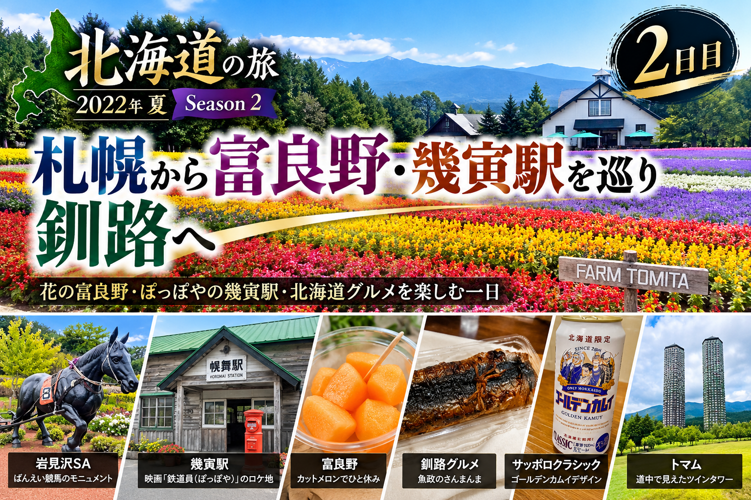 2022年夏 北海道8泊9日の旅② 富良野から幾寅駅、そして釧路へ ファーム富田・ぽっぽやロケ地・釧路グルメ富良野→釧路　北海道を東へ走る1日