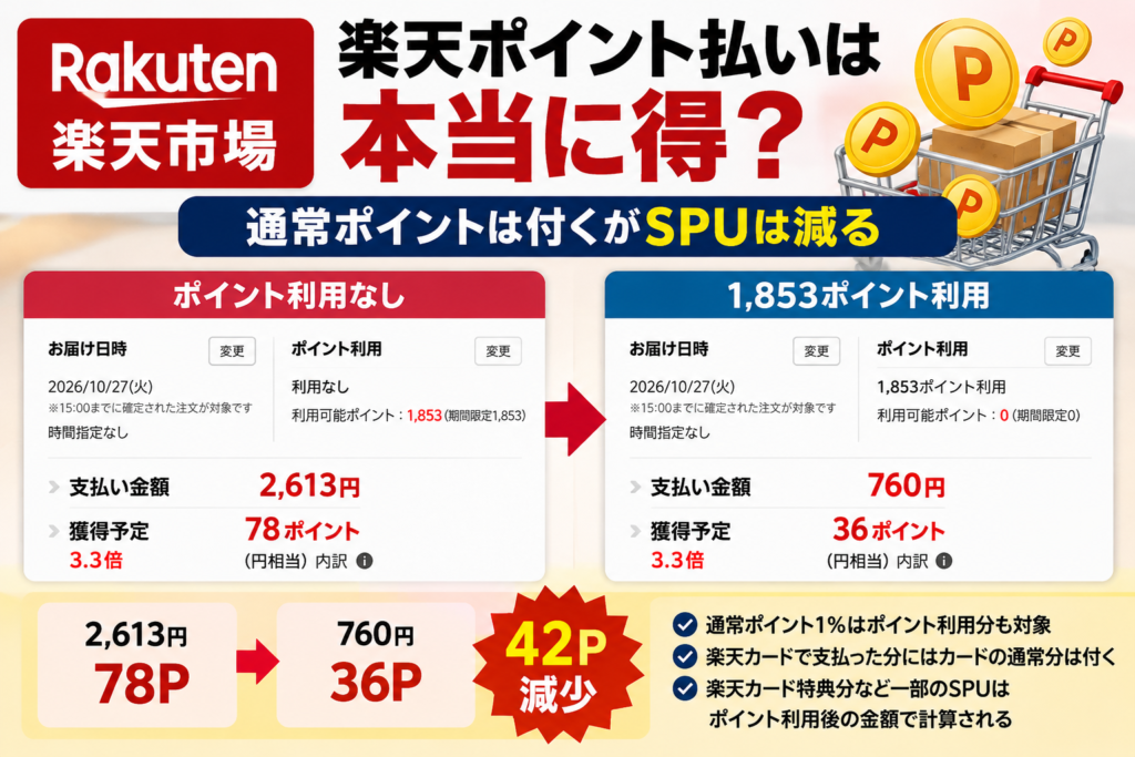 楽天ポイント利用なしでは78ポイント、1,853ポイント利用では36ポイントとなる比較を示した記事アイキャッチ