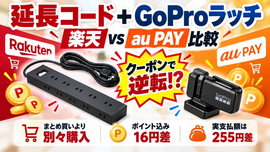 楽天市場とau PAYマーケットで延長コードとGoProマグネットラッチを比較した記事のアイキャッチ画像